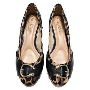 Abella Fina Animal Print & Vegan Faux Black Leather Wedge Heels Loafers Size 6.5